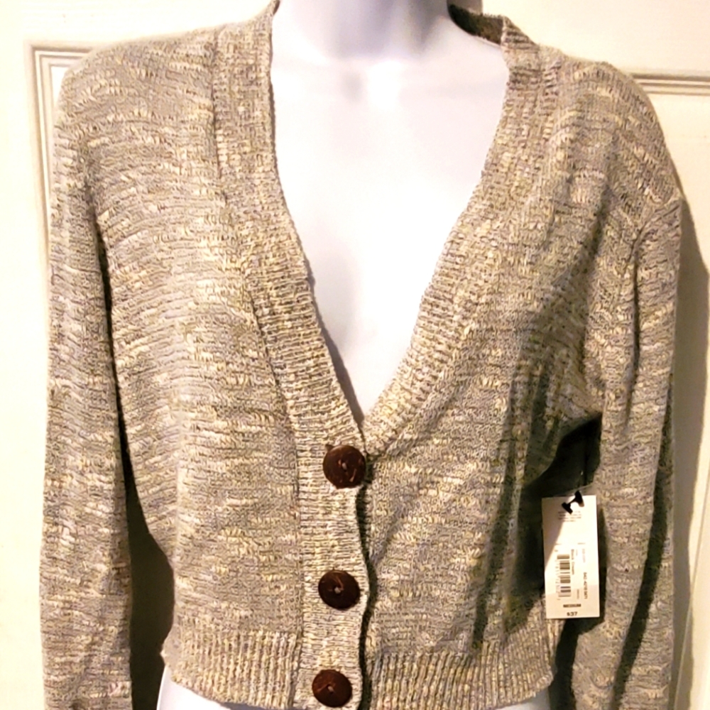 Cropped tan/gray bell sleeve cardigan